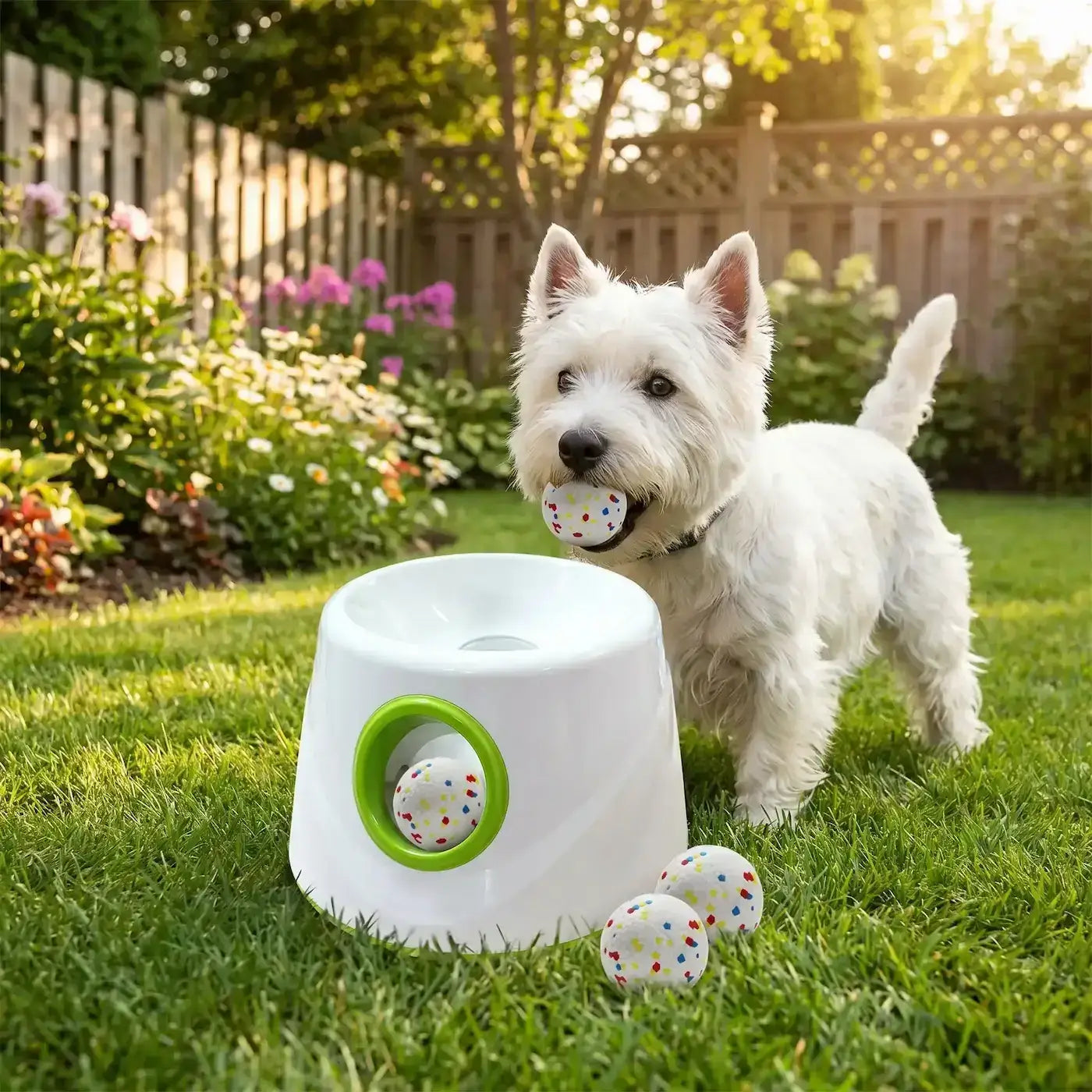 Un west highland joue avec son lanceur de balle pour chien dansl'arrière-cour.