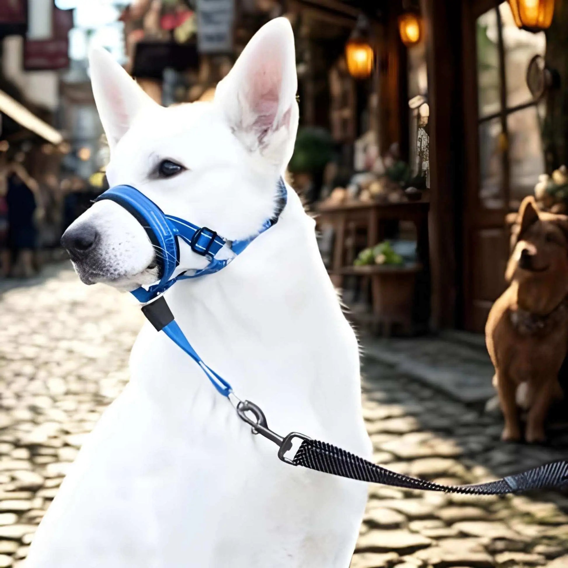 Un berger blanc suisse dans une ruelle avec un licol chien bleu.