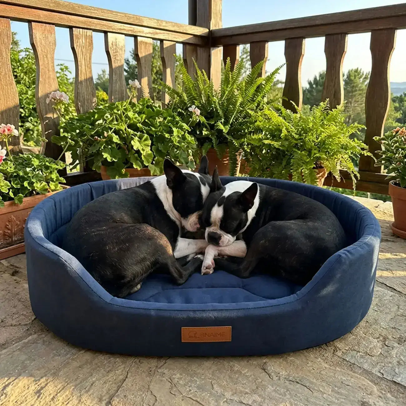 Deux Boston terriers allongés dans un lit pour chien bleu sur une terrasse.