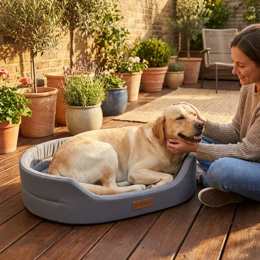 Une femme sur une terrasse caresse son labrador allongé dans son lit pour chien.