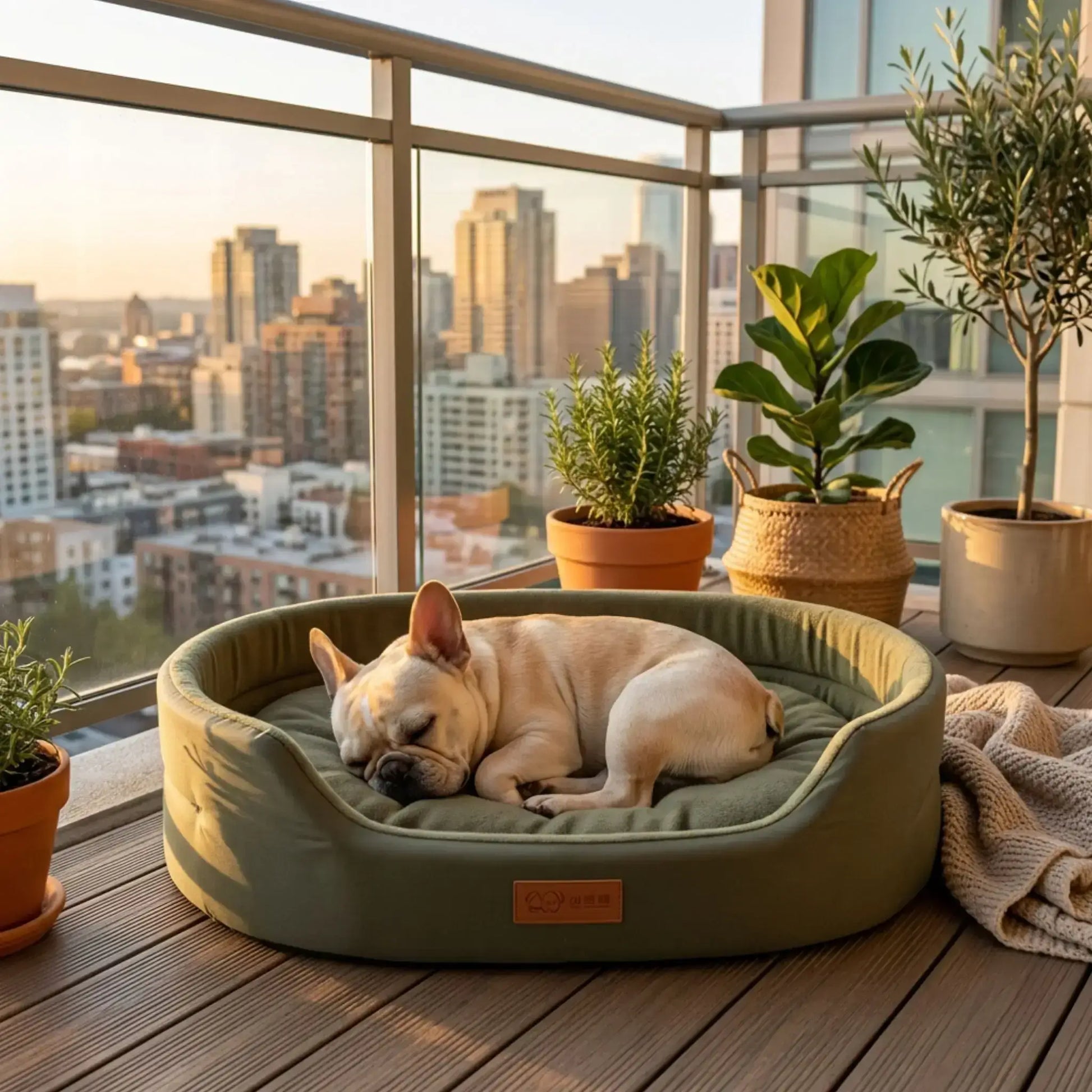 Un bouledogue français allongé sur son lit pour chien sur un balcon.