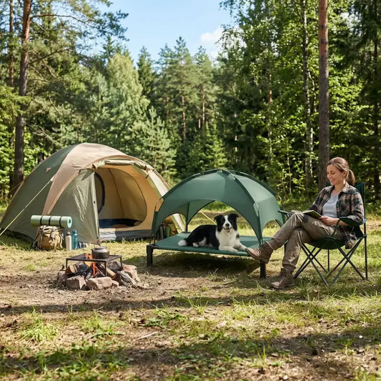 Une femme en camping avec son border collie allongé sur son lit de camp pour chien avec un évent.