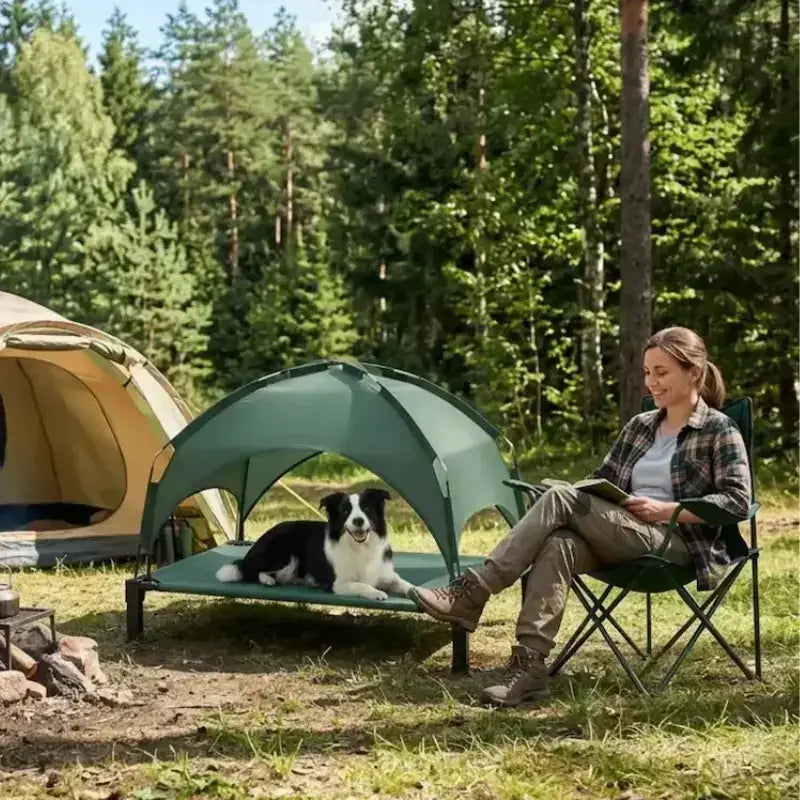 Une femme en camping avec son border collie allongé sur son lit de camp pour chien avec un évent.