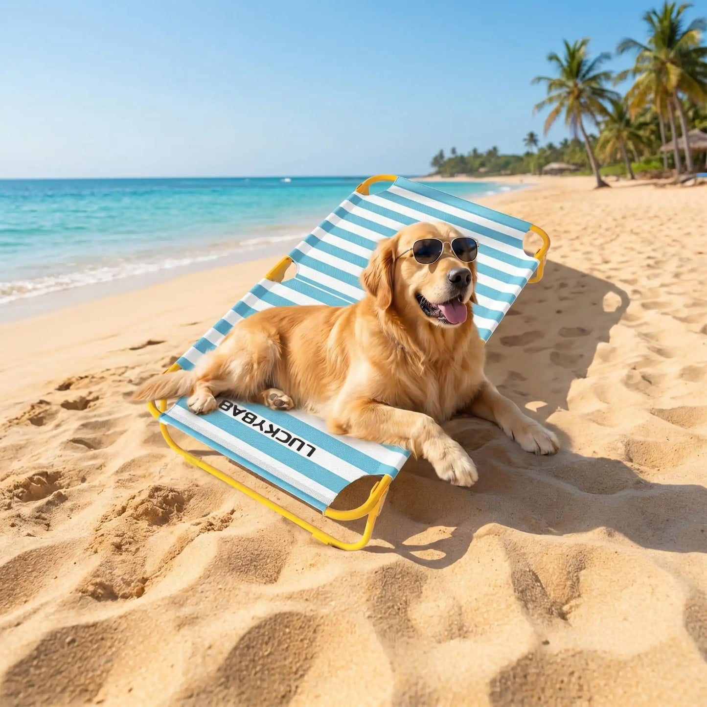 Un golden retriever sur la plage allongé sur son lit de camp pour chien au soleil.