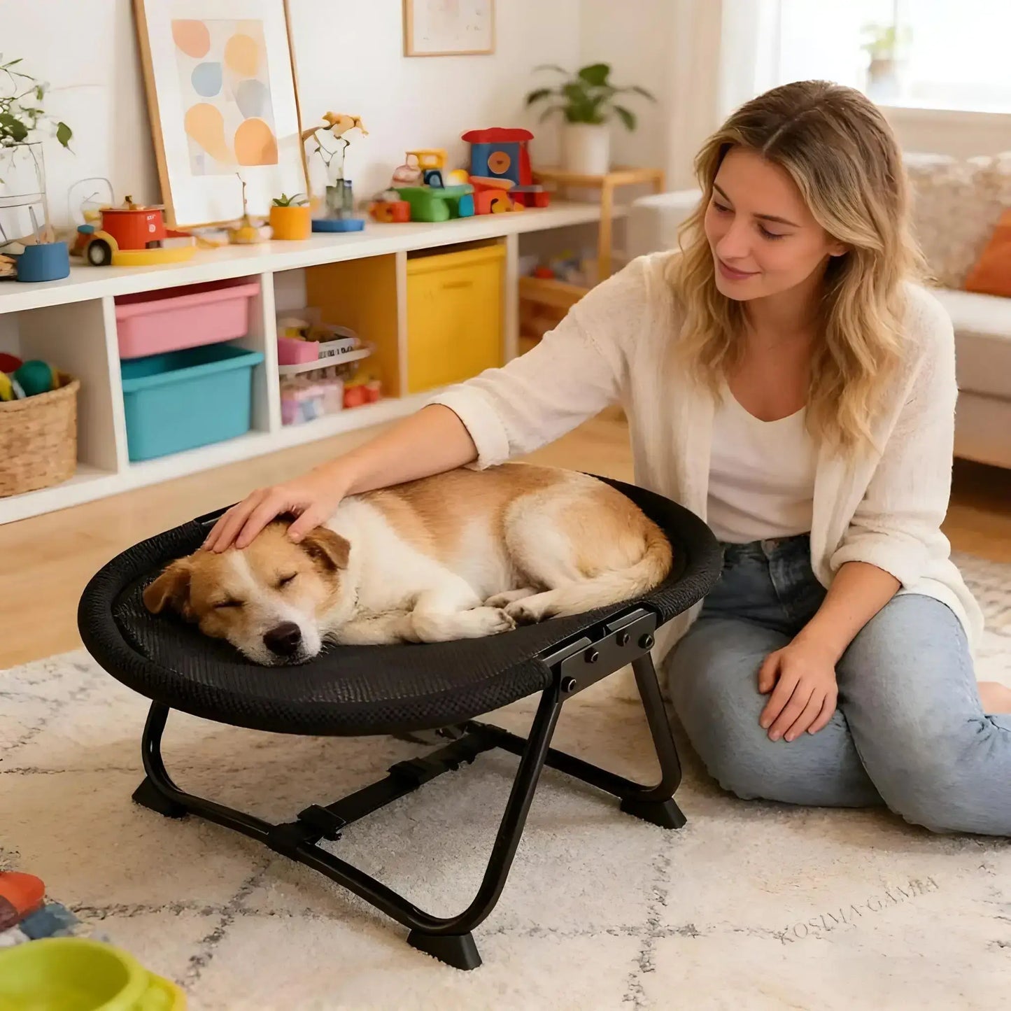 Une femme caresse son chien allongé sur un lit pour chien surélevé dans un salon.
