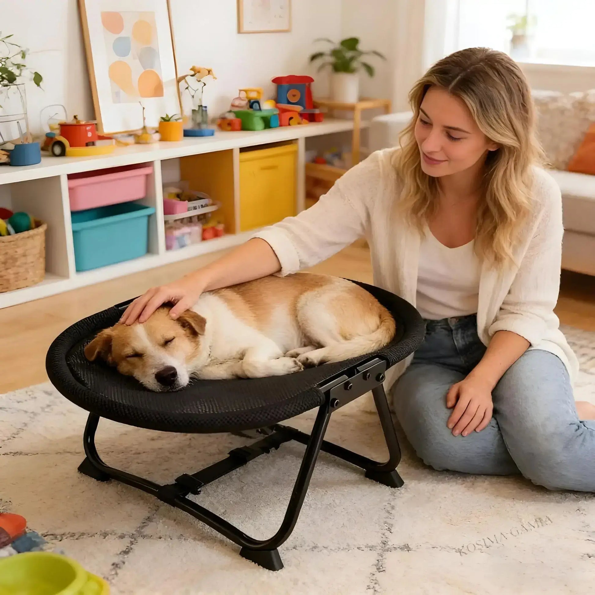 Une femme caresse son chien allongé sur un lit pour chien surélevé dans un salon.
