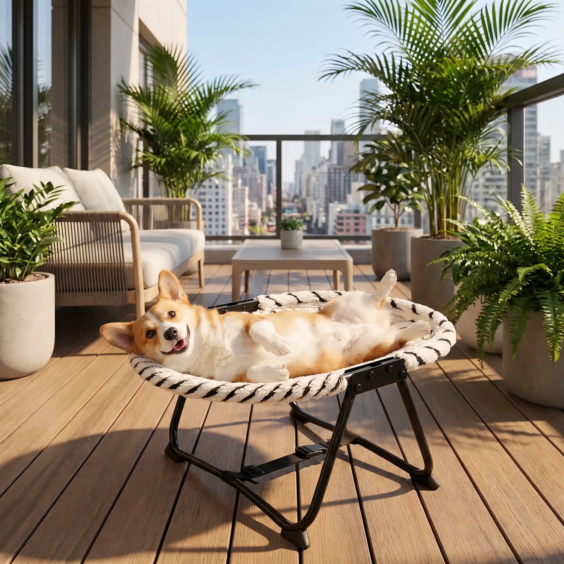 Un corgi sur un balcon est allongé sur un lit pour chien surélevé.