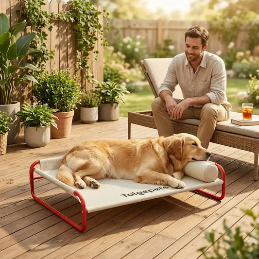 Un homme sur une terrasse regarde son golden retriever allongé sur son lit pour chien XXL avec oreiller.