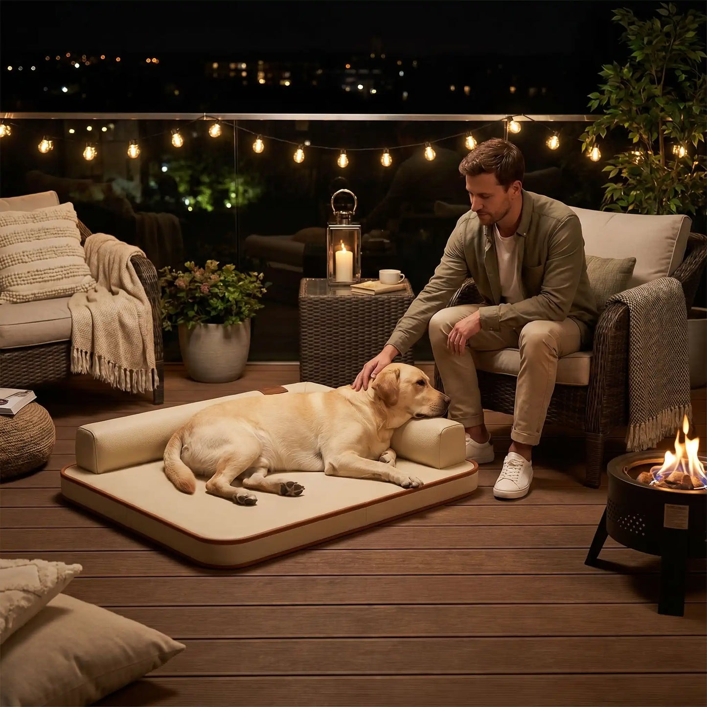 Un homme sur une terrasse la nuit caresse son labrador allongé sur son lit pour chien XXL.