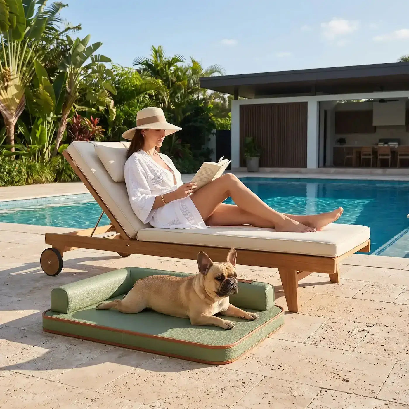 Une femme sur une chaise longue près de la piscine avec son bouledogue français à côtés allongé sur son lit pour chien XXL.