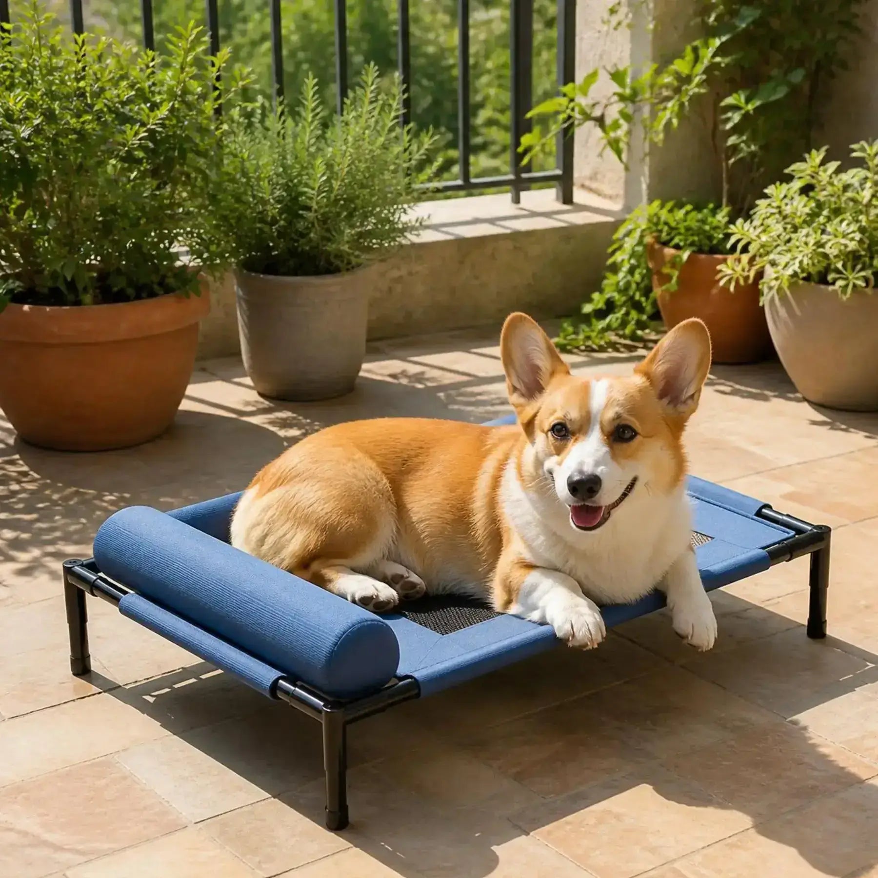 Un cargi allongé sur son lit surélevé pour chien bleu sur un balcon.