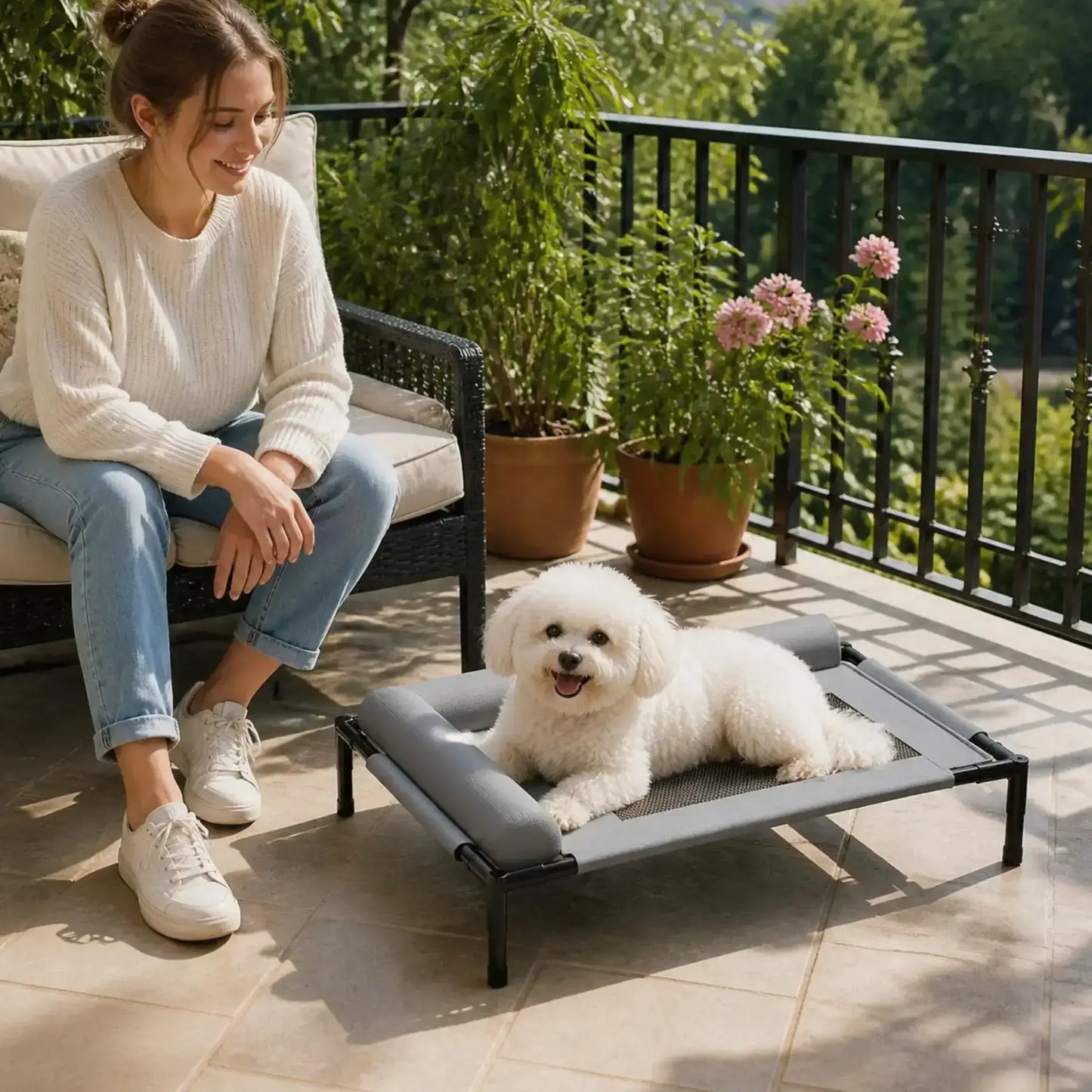 Une femme sur une terrasse avec son bichon frisé allongé sur son lit surélevé pour chien gris.