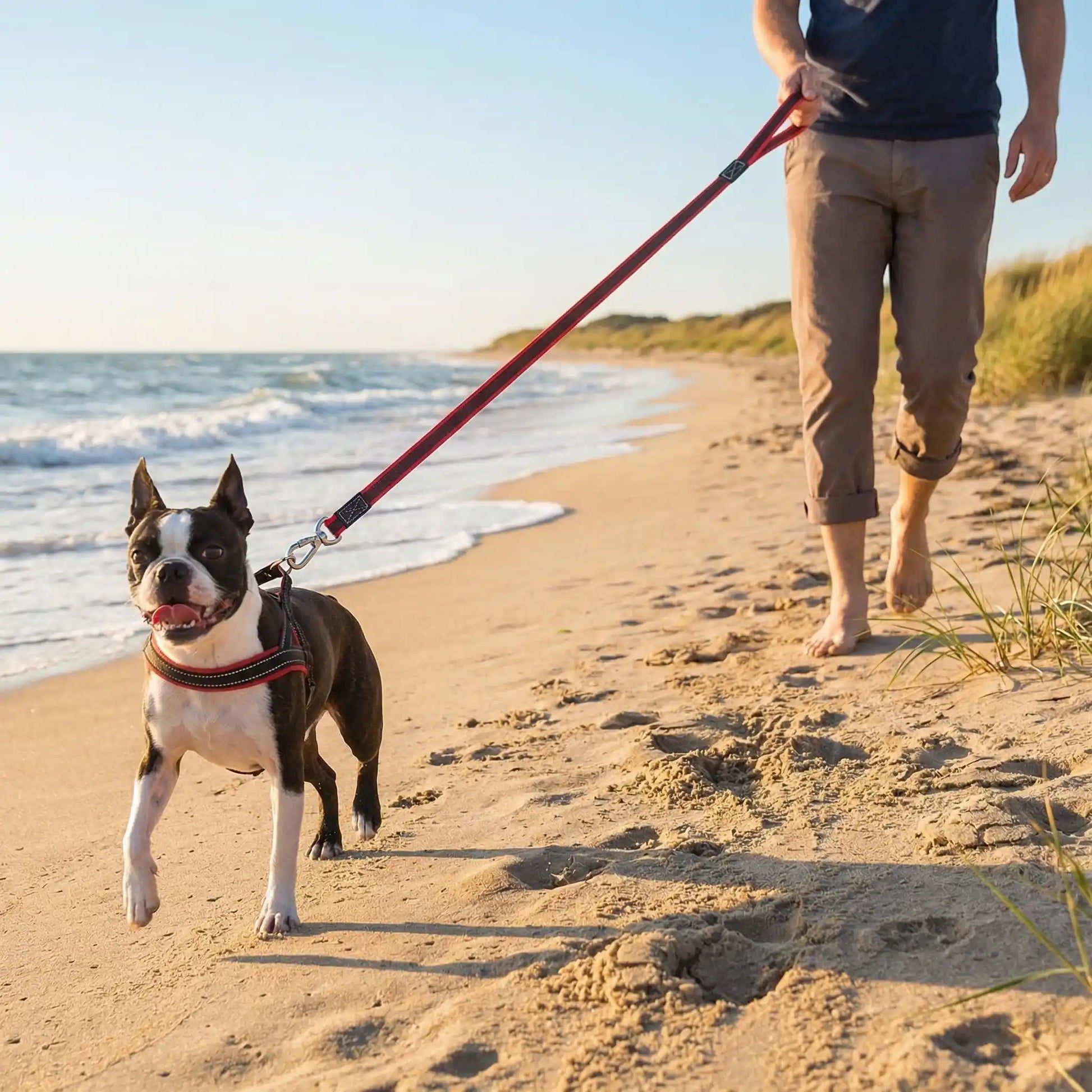 Un homme avec son boston terrier sur une plage avec la longe de 10 m pour chien rouge.