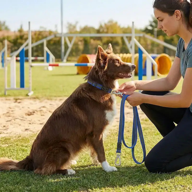Une femme met en place la longe pour chien bleu sur son border collie sur un terrain d'agility.