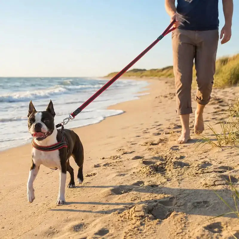 Un homme avec son boston terrier sur une plage avec la longe pour chien rouge.