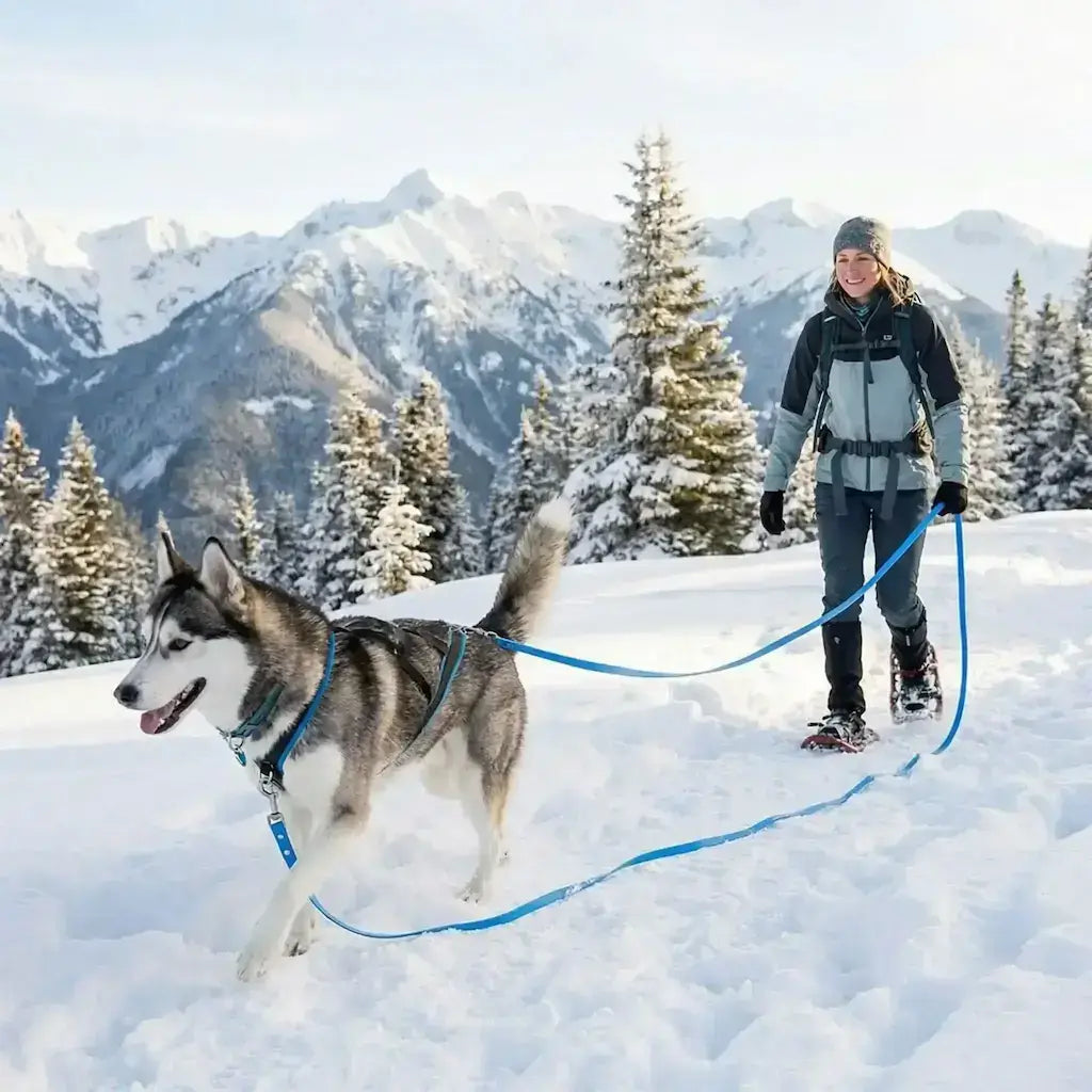Une femme en randonnée avec son husky dans les montagnes enneigées et une longe pour chien de 20 m bleu.