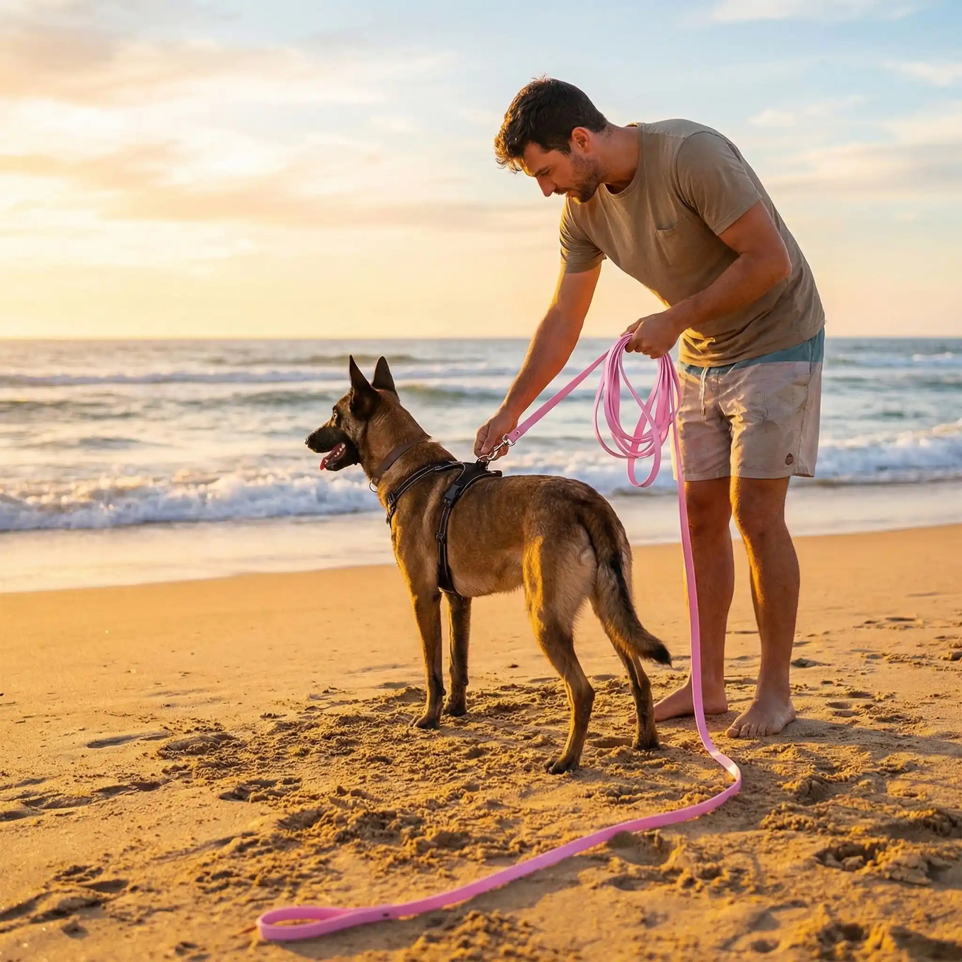 Un homme à la plage avec son malinois et la longe pour chien de 20 m rose.