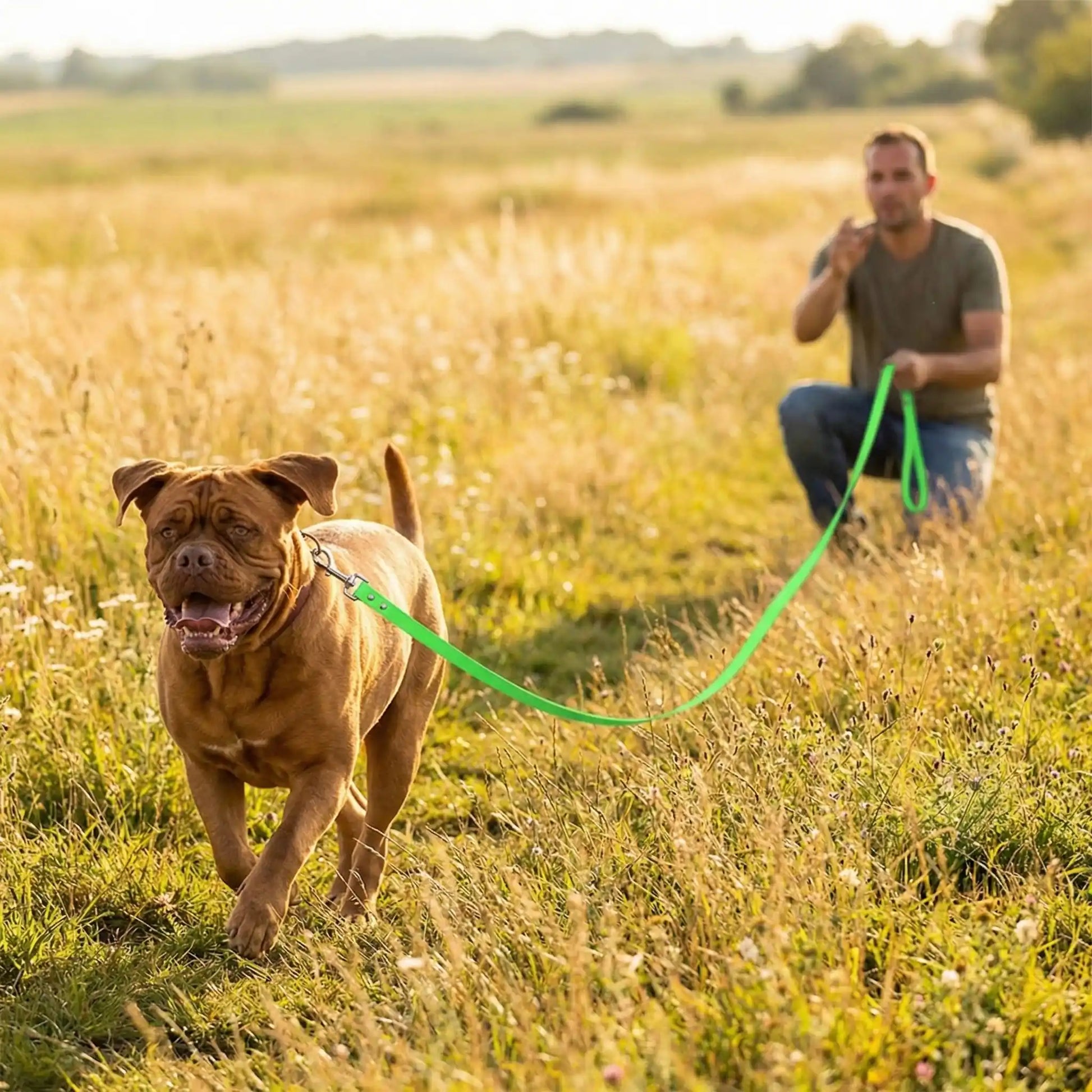 Un homme entraîne son dogue de Bordeaux au rappel dans un champ avec la longe pour chien de 20 m verte.