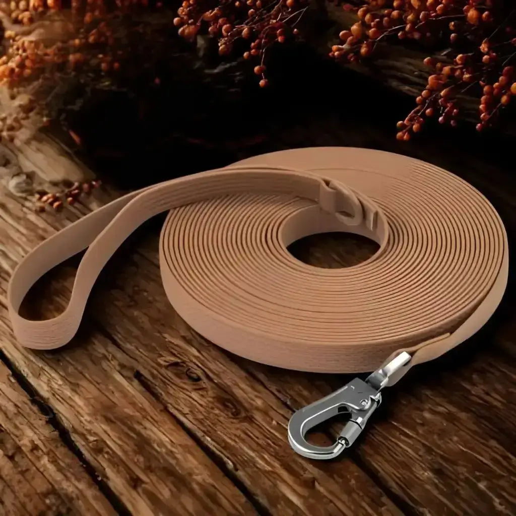 Une longe pour chien de couleur marron avec plante séchée.