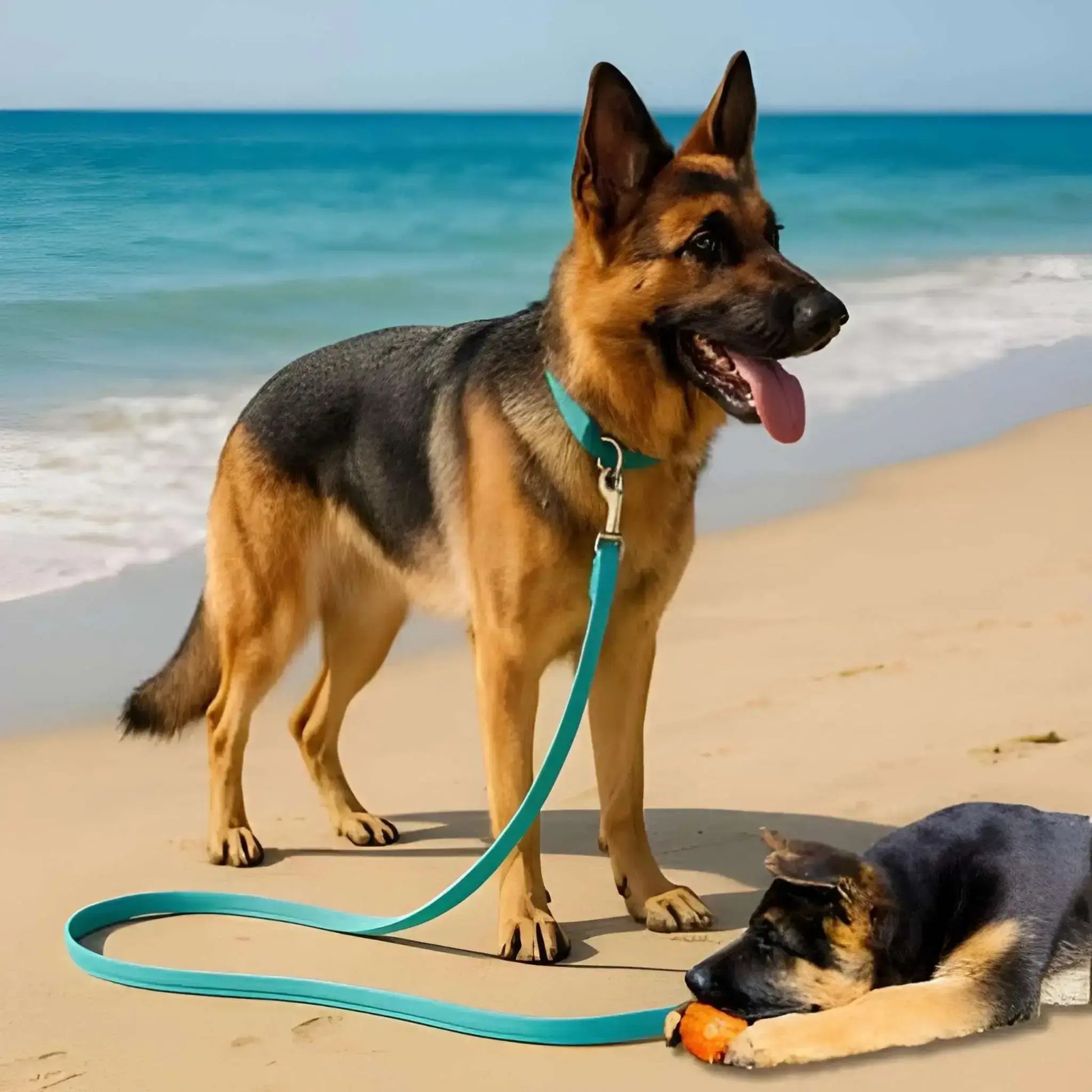 Un labrador avec son chiot sur la plage avec une longe pour chien turquoise.