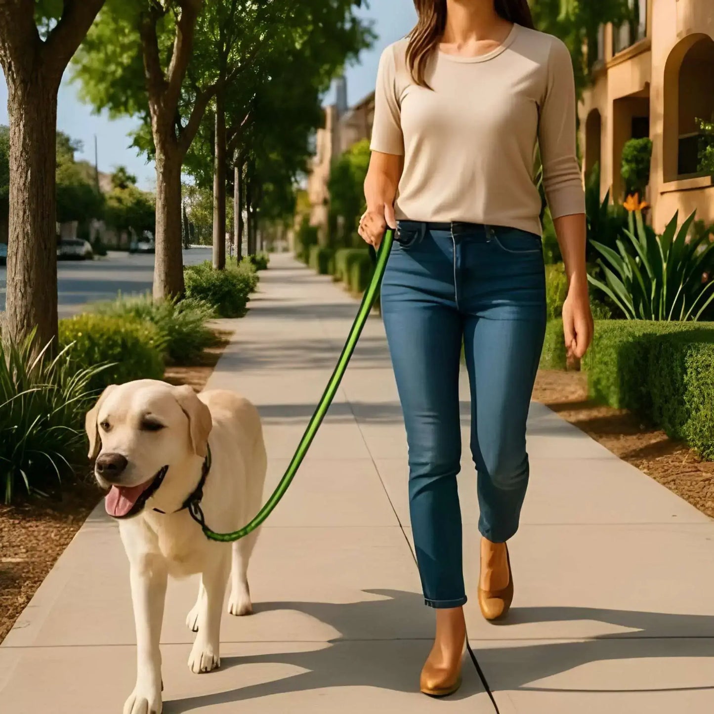 Une femme marche sur un trottoir dans un domaine avec son labrador avec la longe pour chien vert fluo.