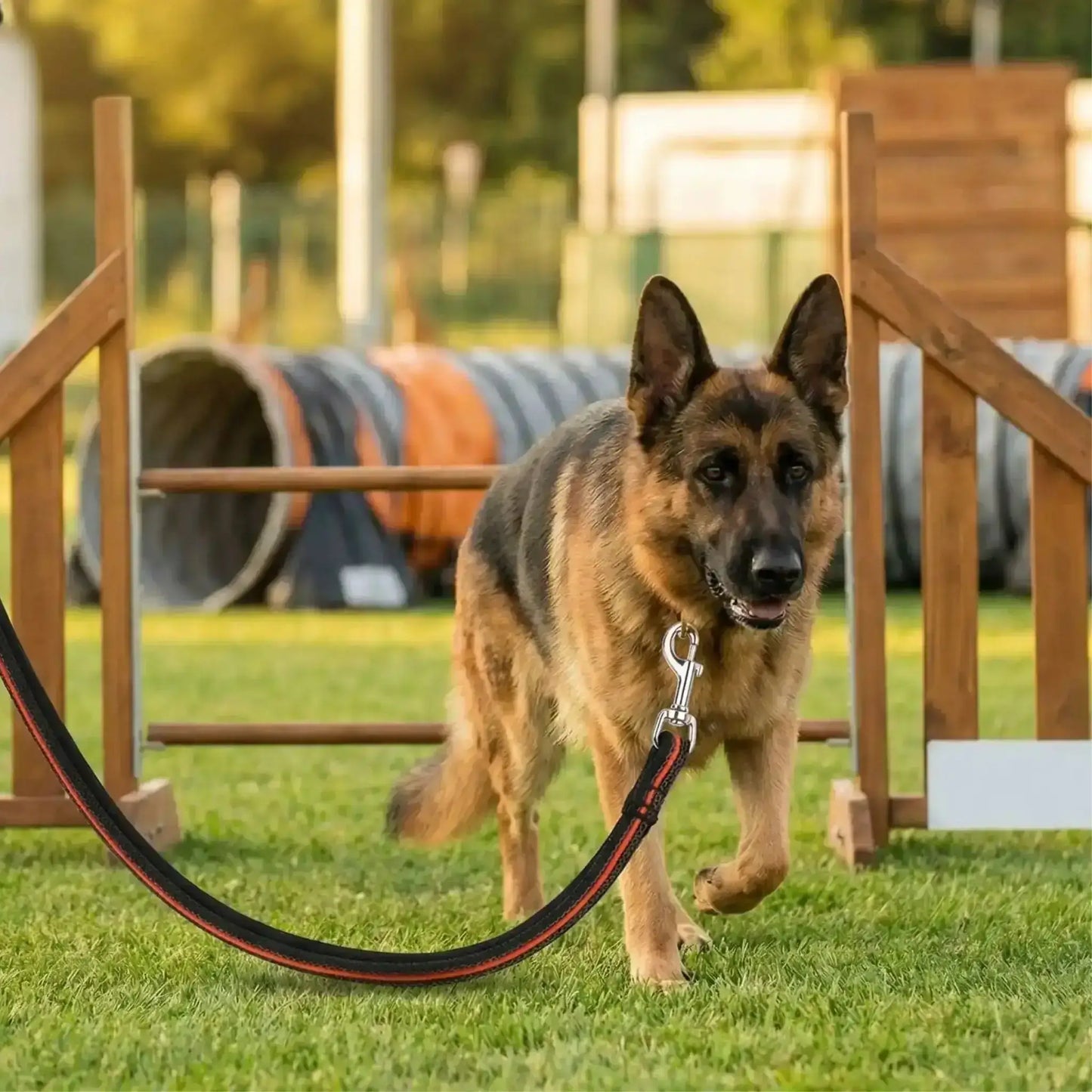 Un berger allemand sur un terrain d'agility avec sa longe pour chiens rouge et noir.
