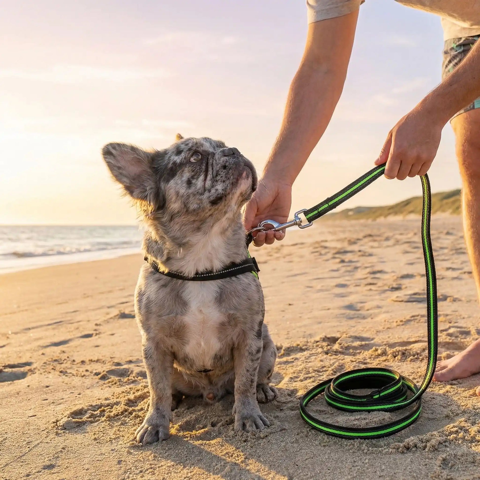 Un homme à la plage avec son bouledogue français accroche sa longe pour chiens verte.