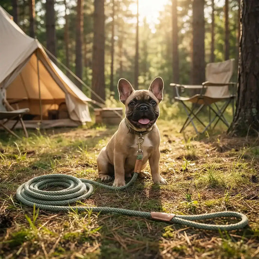 Un chiot bouledogue français fauve assis en camping avec sa longe pour chiot.