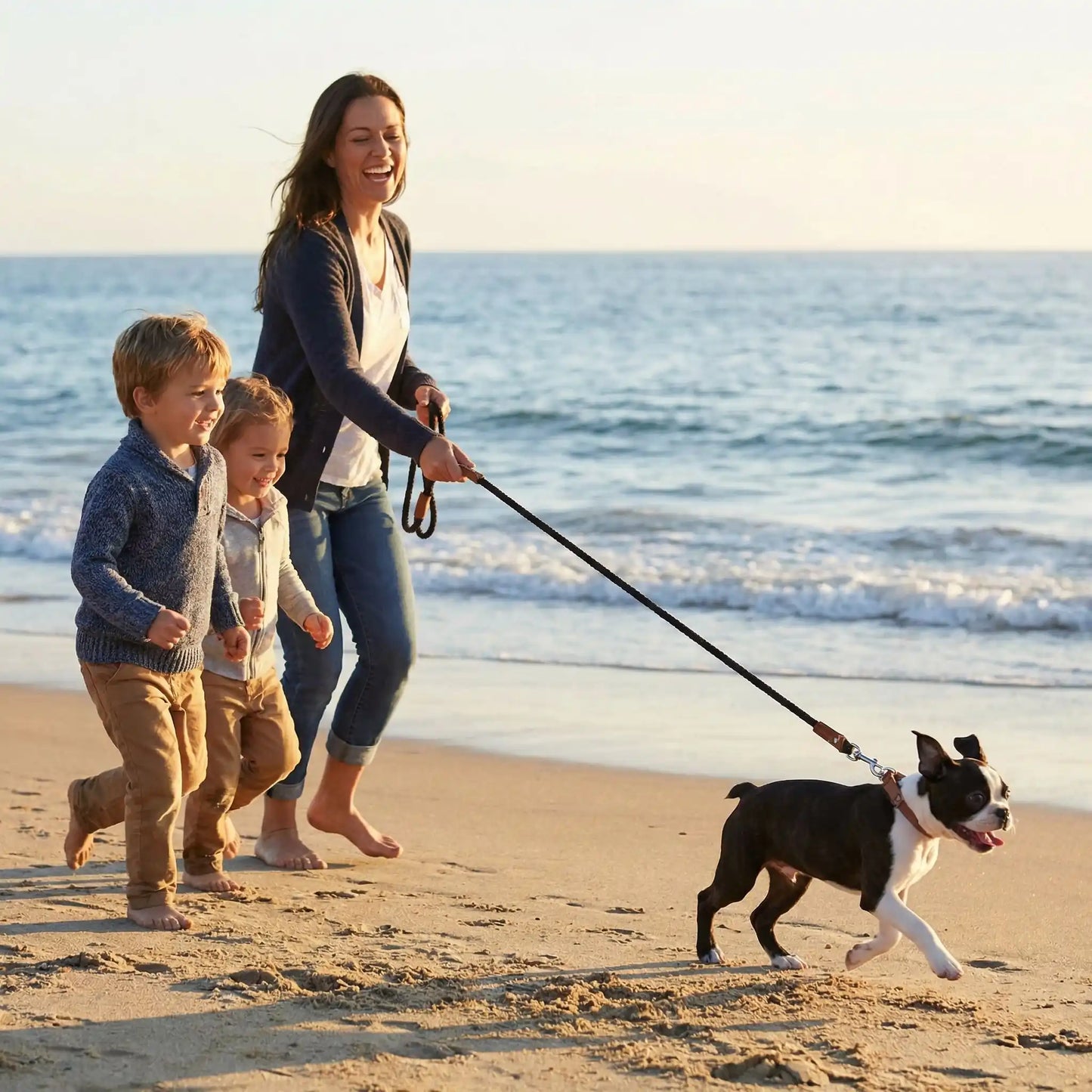 Une femme et deux enfants sur la plage avec leur chiot boston terrier avec la longe pour chiot noire.