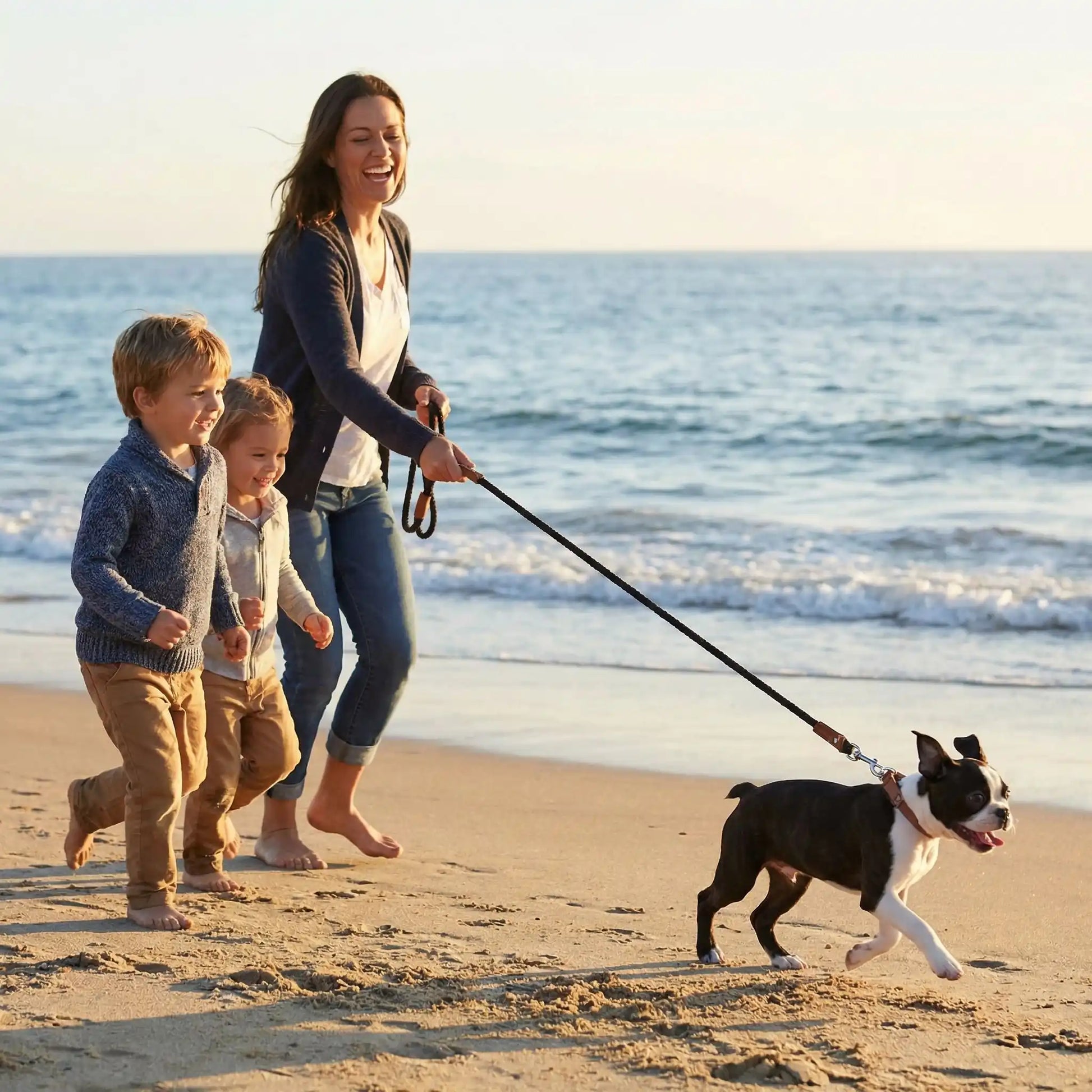 Une femme et deux enfants sur la plage avec leur chiot boston terrier avec la longe pour chiot noire.