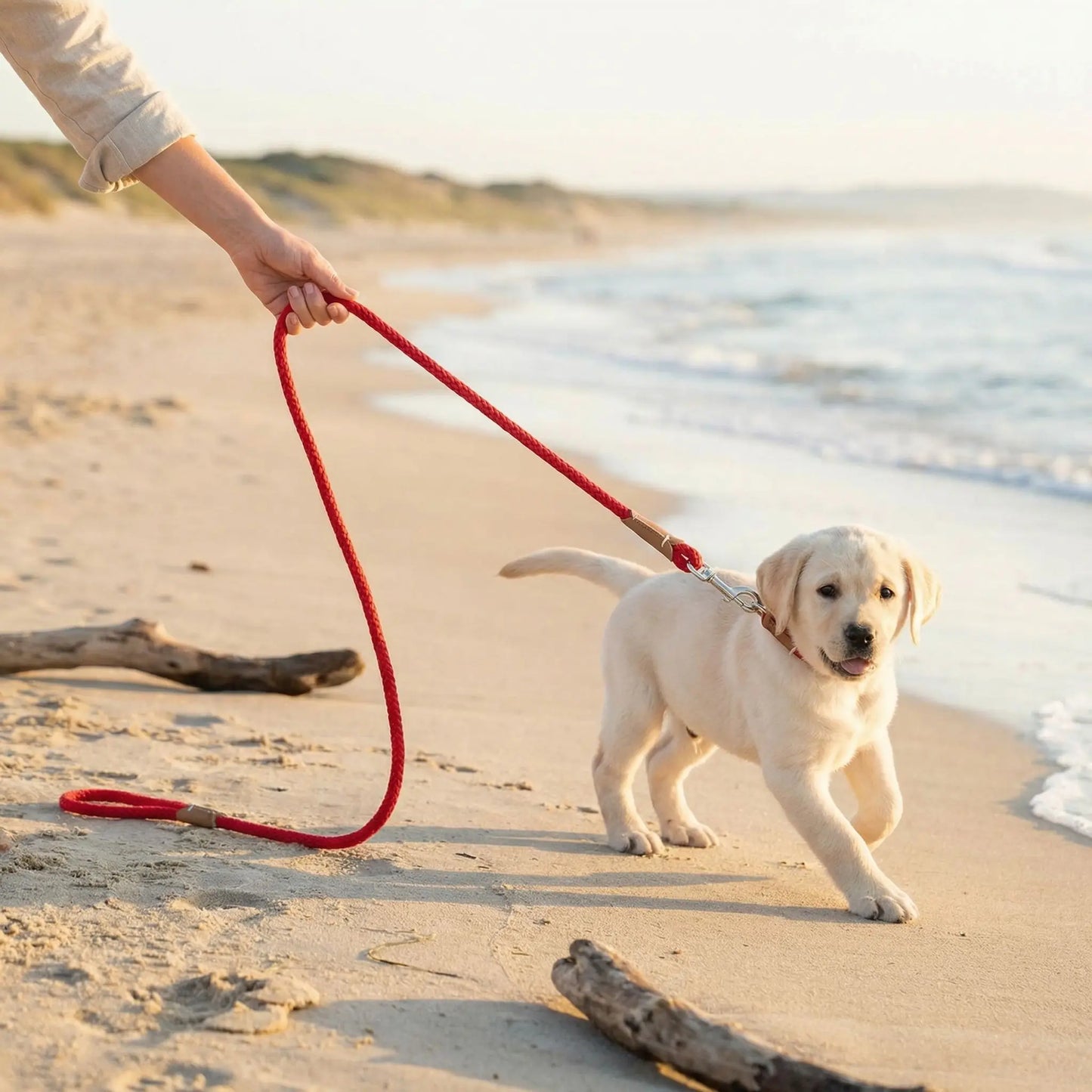 Un chiot labrador marche sur la plage avec sa maitresse et sa longe pour chiot de couleur rouge.