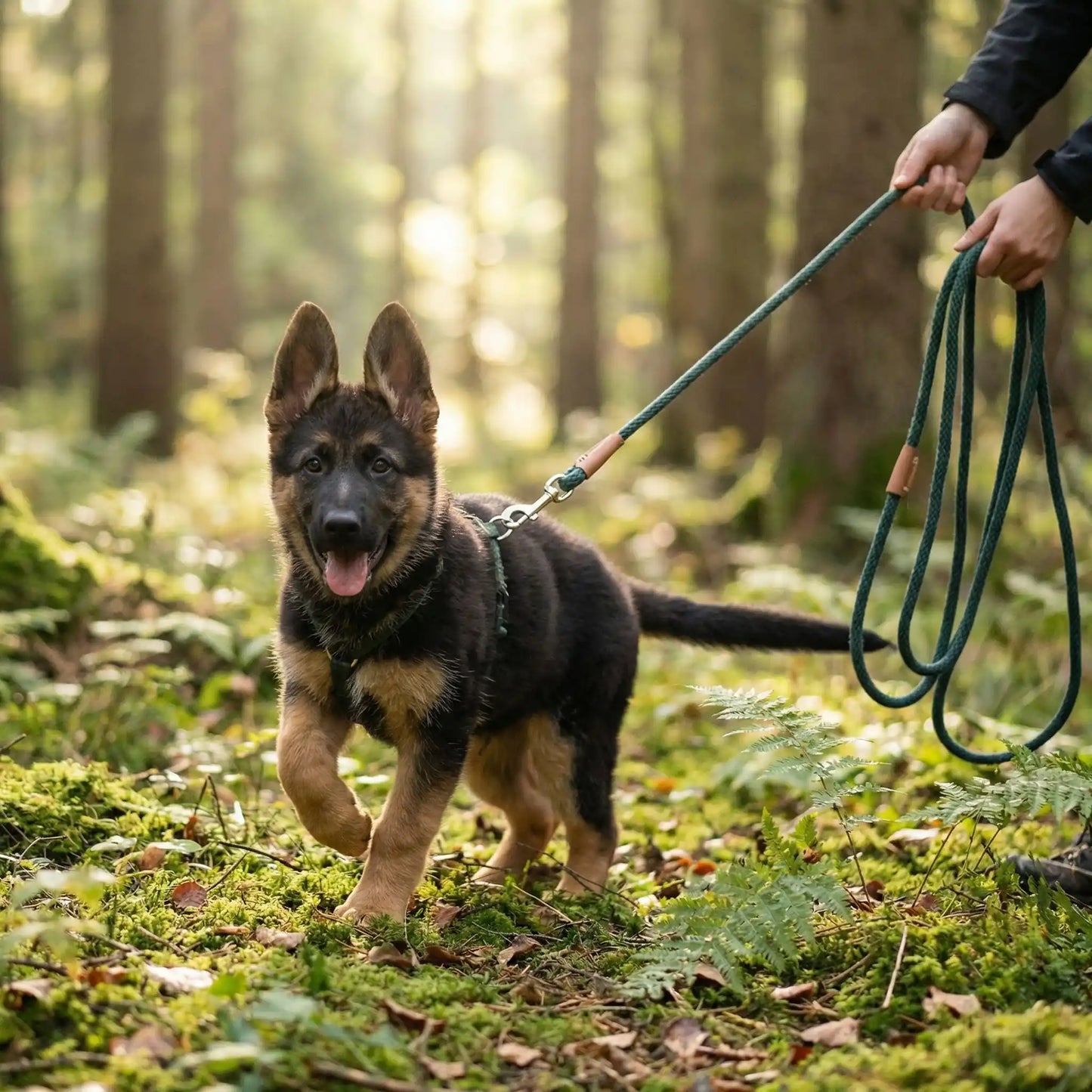 Un chiot berger allemand marche avec son maître dans la forêt avec sa longe pour chiot de couleur verte.
