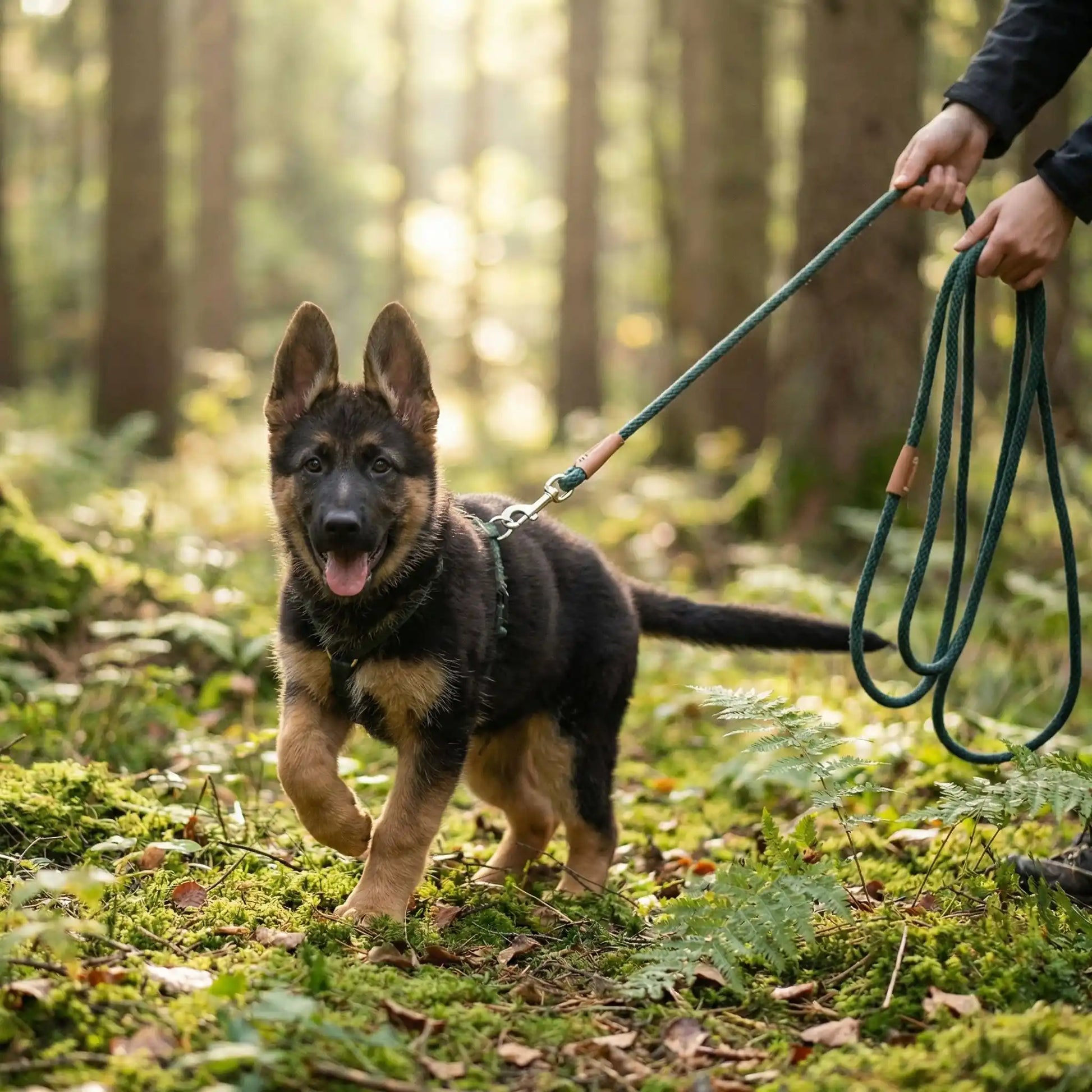 Un chiot berger allemand marche avec son maître dans la forêt avec sa longe pour chiot de couleur verte.