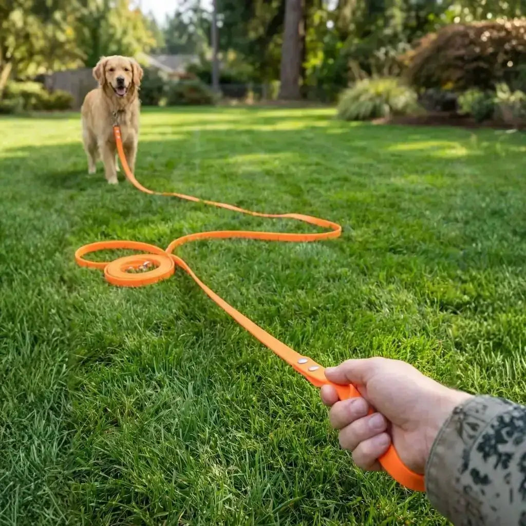 Un golden retriever se fait entrainer au rappel avec la longe pour chien de 15m orange dans une arrière-cour.