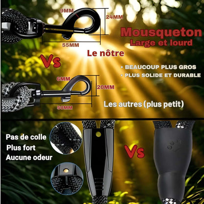 Comparaison de la laisse pour chien Agilié avec d'autres marques : mousqueton solide et durable, pas de colle, aucune odeur.