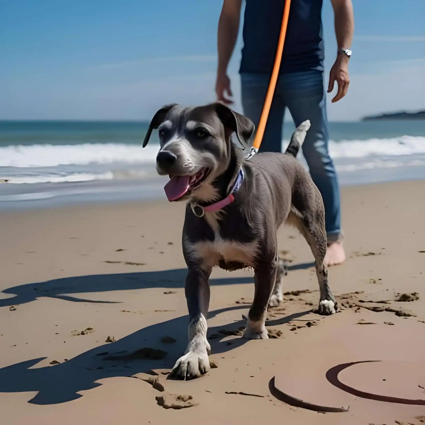 Un homme avec son chien à la plage avec une longe pour chien orange.