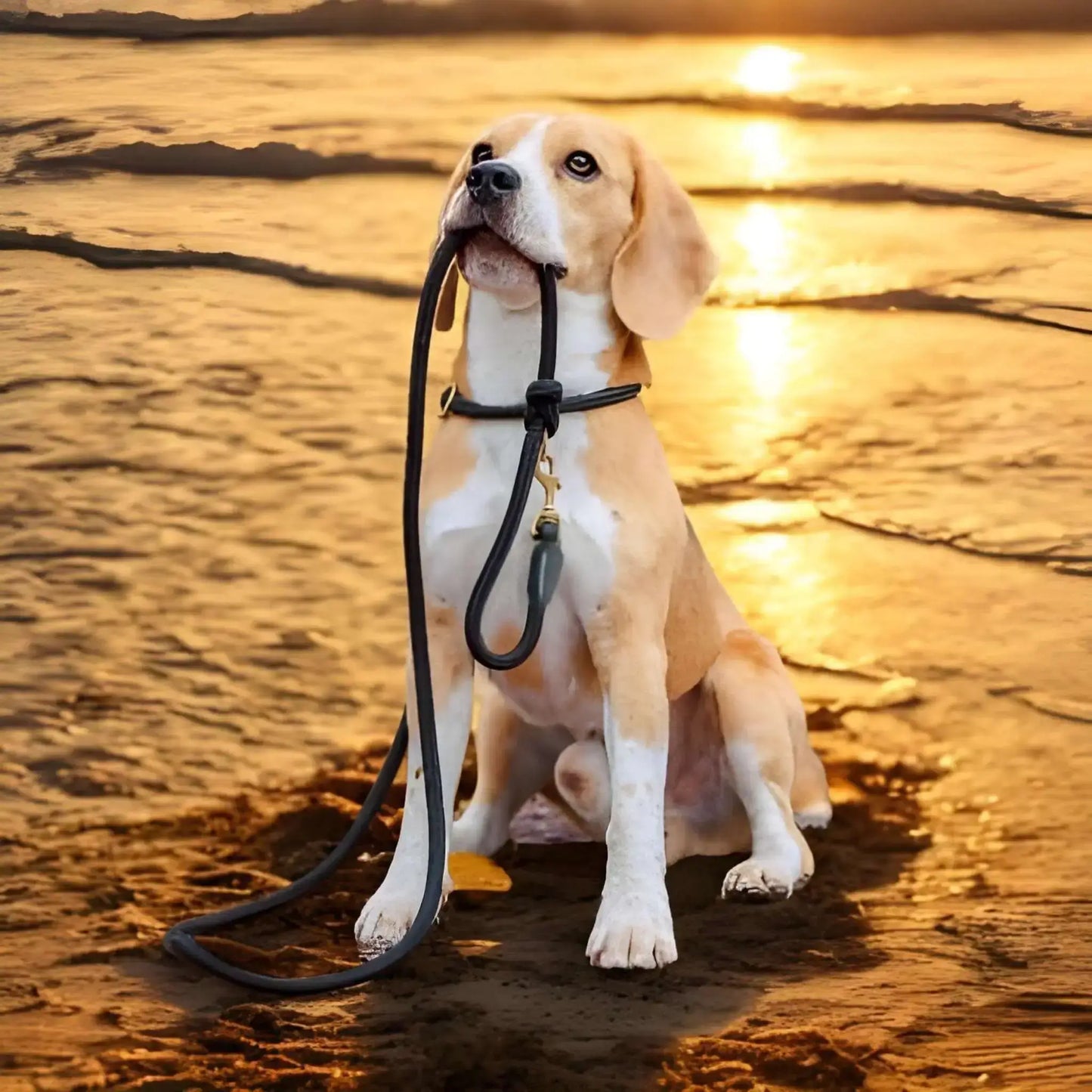 Un beagle sur la plage au coucher du soleil avec sa longe pour chien noir.