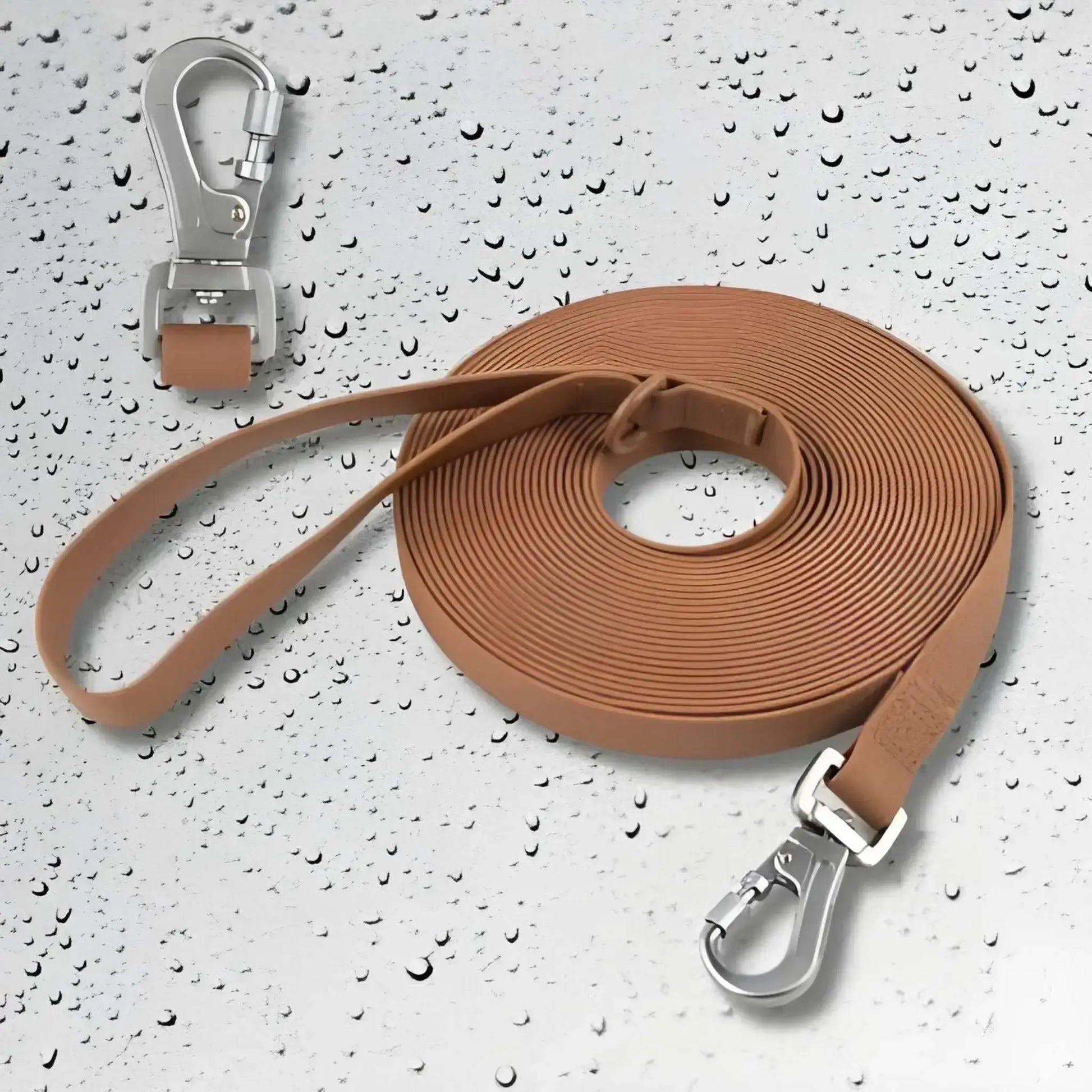 Une longe pour chien de couleur marron avec un mousqueton robuste.