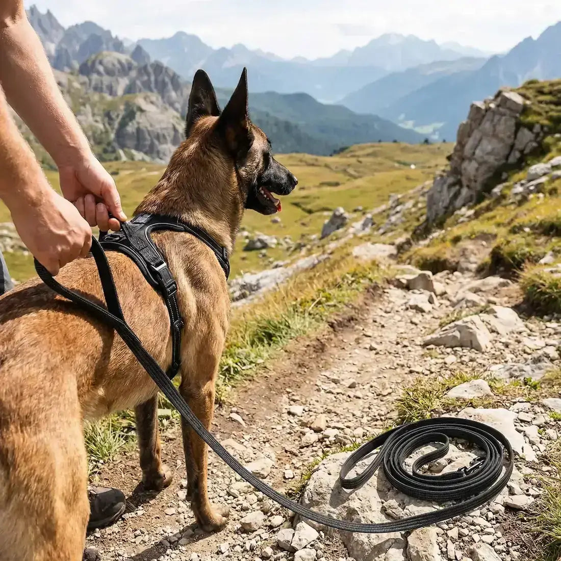 Un berger allemand en randonnée dans les montagnes avec son maître et sa longe pour chiens noire.