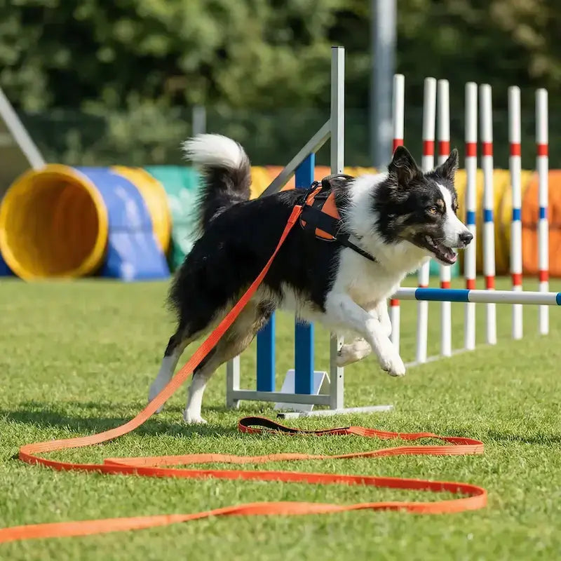 Un border collie court sur un terrain agility avec sa longe pour chiens orange.