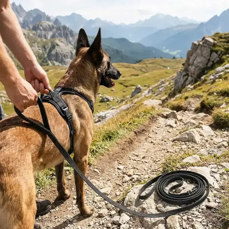 Un malinois en randonnée dans les montagnes avec sa longe pour chiens noire.