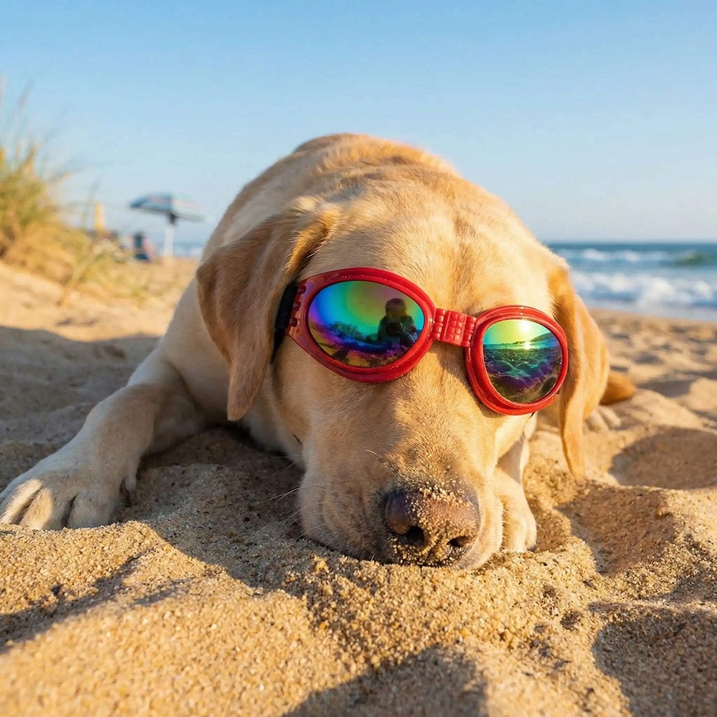 Un labrador allongé sur le sable à la plage avec une lunette de soleil pour chien rouge.