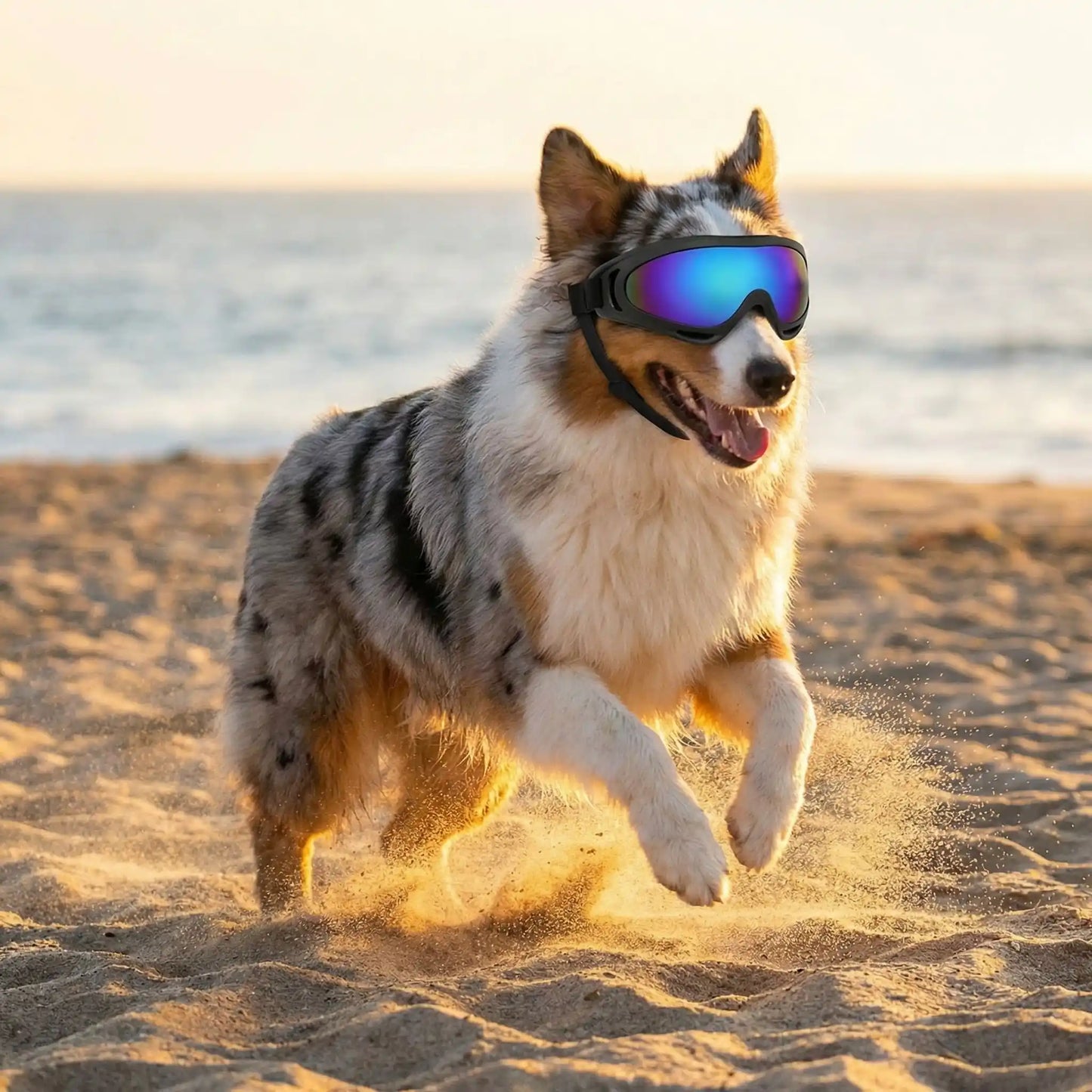 Un berger australien joue à la plage avec une lunette de soleil pour chien bleue.