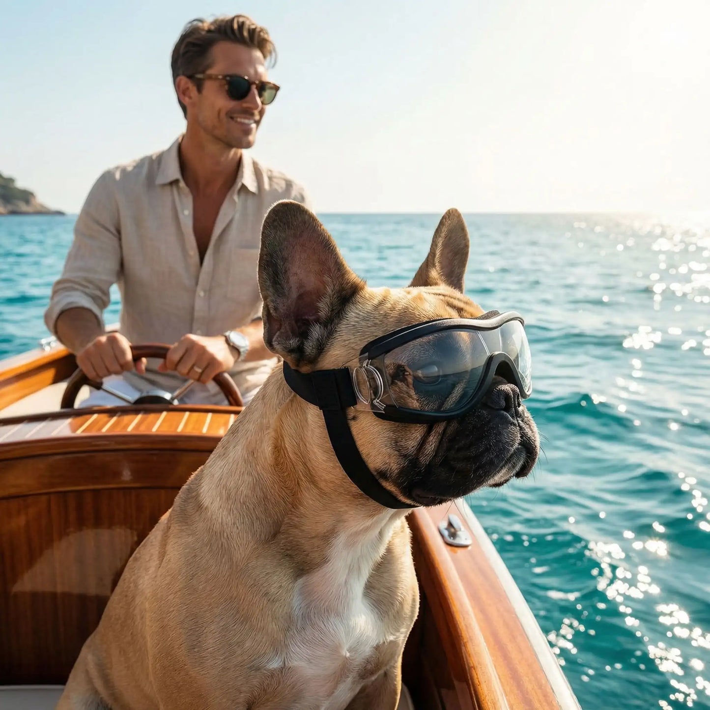 Un bouledogue français sur un bateau avec son maître porte une lunette de soleil pour chien claire.