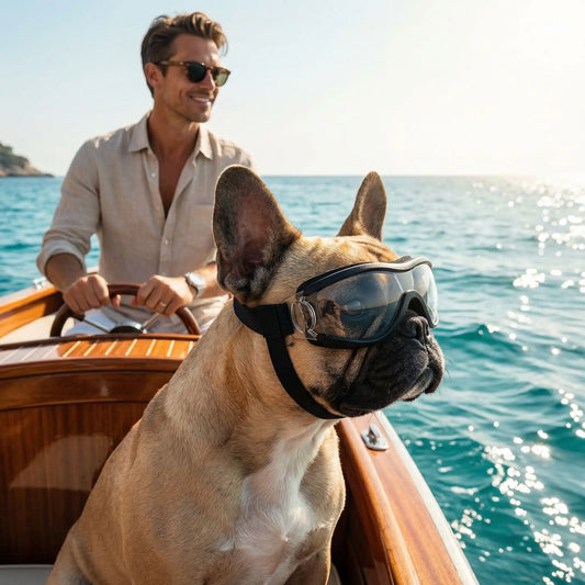 Un bouledogue français sur un bateau avec son maître porte une lunette de soleil pour chien claire.
