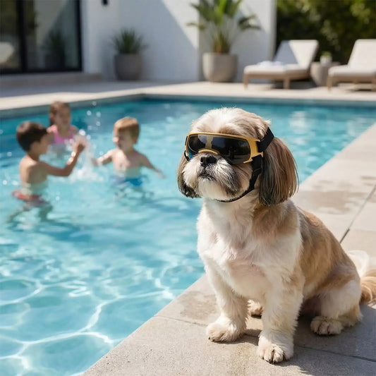 Un shih tzu assis sur le bord d'une piscine porte une lunette pour chien jaune.
