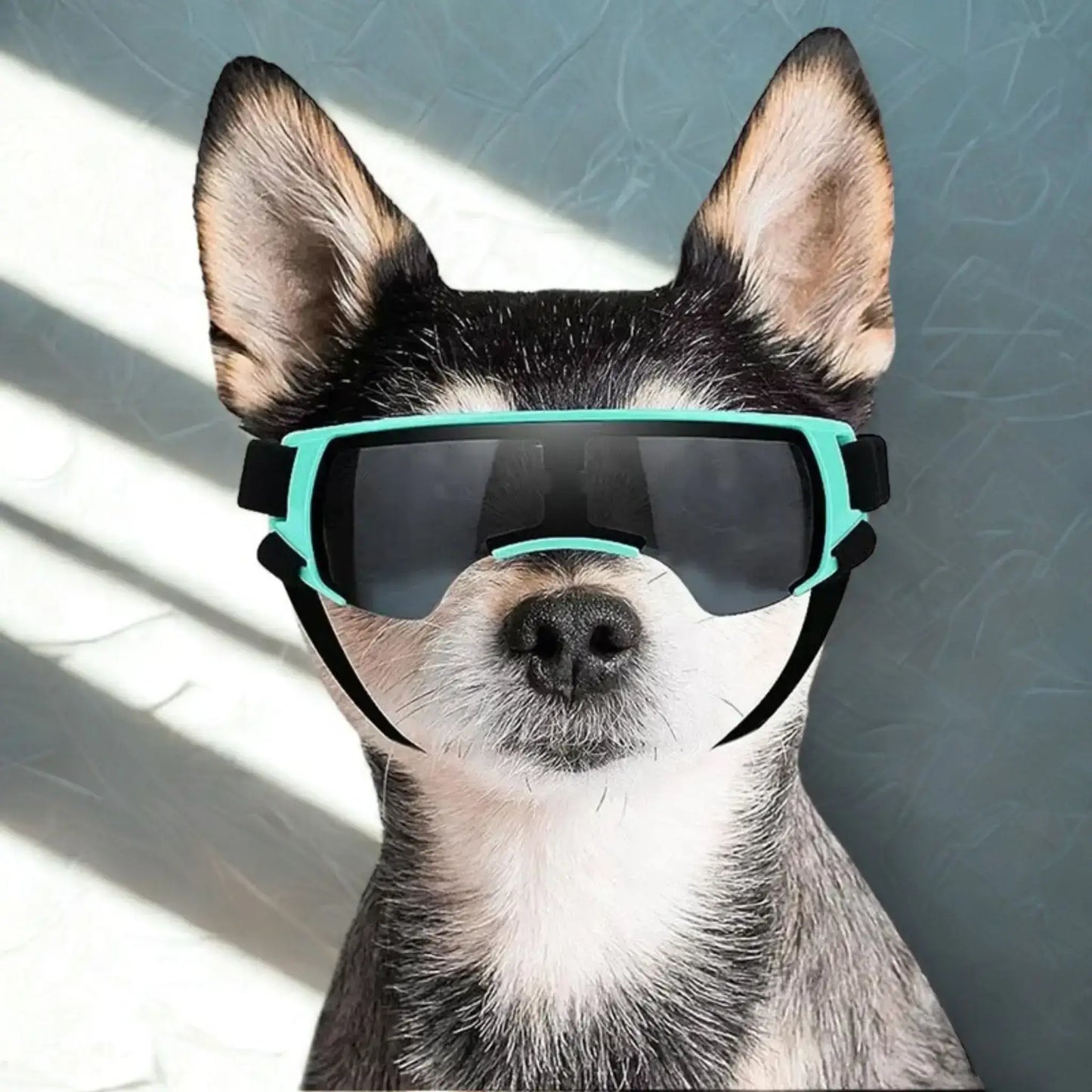 Un chihuahua avec une lunette pour chien turquoise.