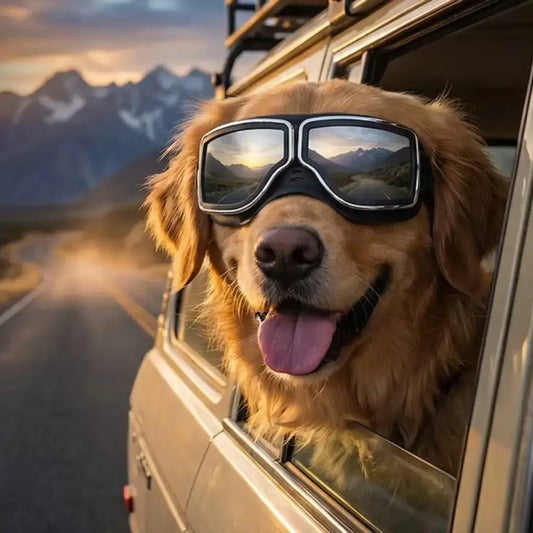 Un golden retriever la tête sortie de la voiture porte les lunettes de moto pour chien.