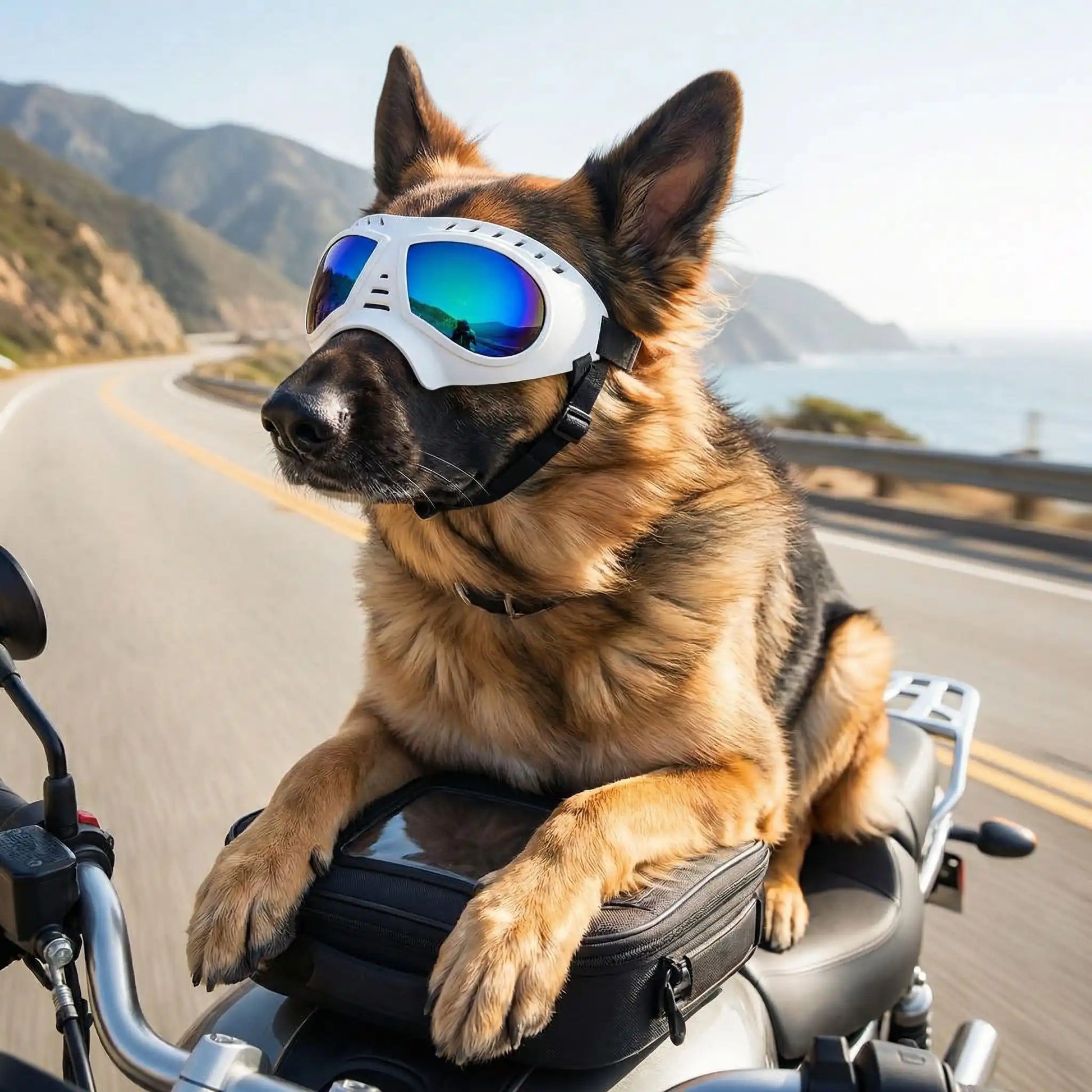 Un berger allemand assis sur une moto avec ses lunettes pour chien de moto blanches.