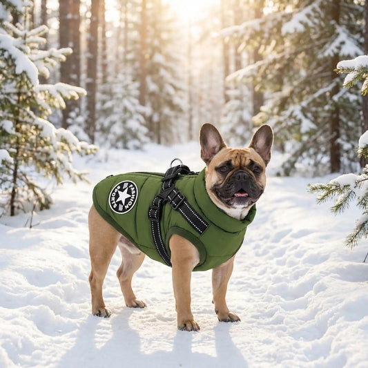 Un bouledogue français dans la forêt en hiver vêtu d'un manteau pour chien vert.